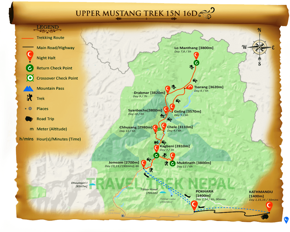 Upper Mustang Trek 15N 16D map